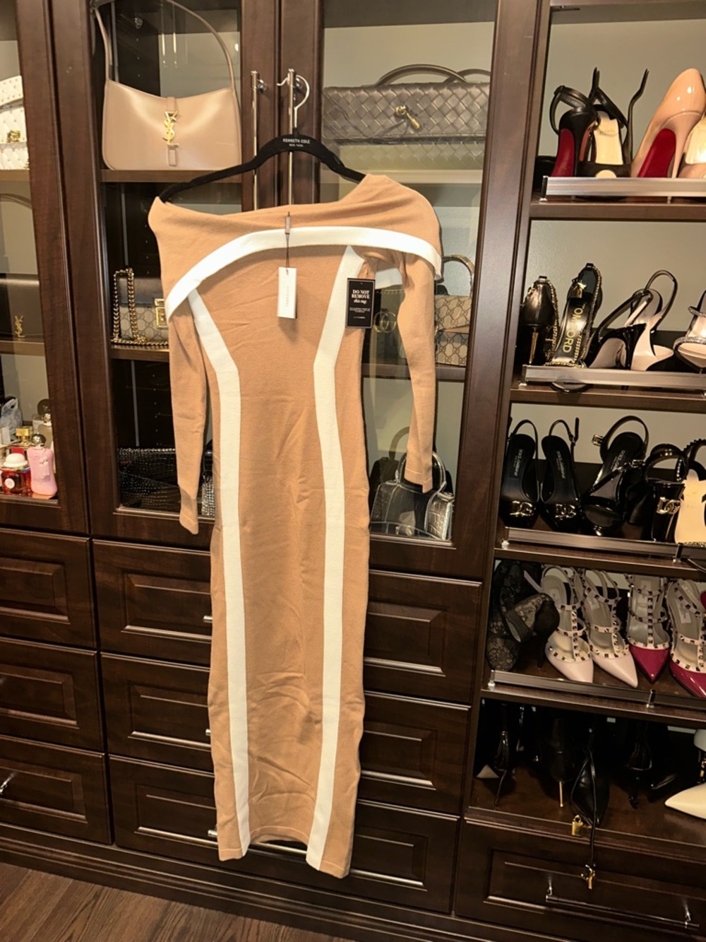 JLUXLABEL Camel Maxi Bodycon Dress with White Panels